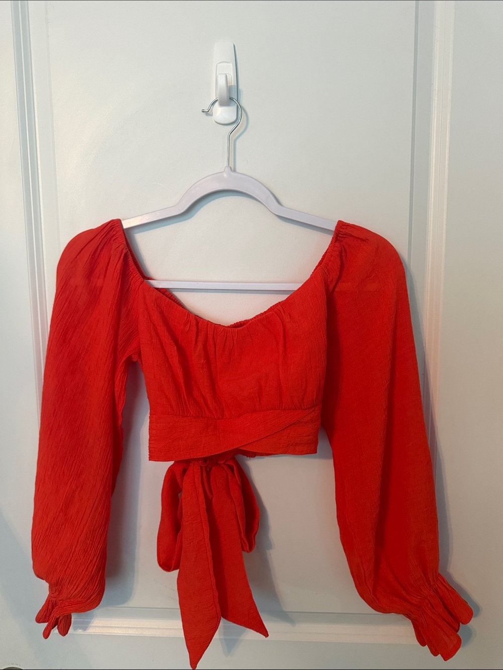 Red Tie-Waist Long Sleeve Crop Top